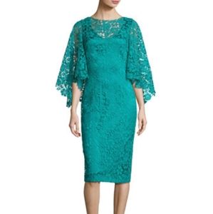 Theia Bell-Sleeve Floral Lace Cocktail Dress, Turquoise